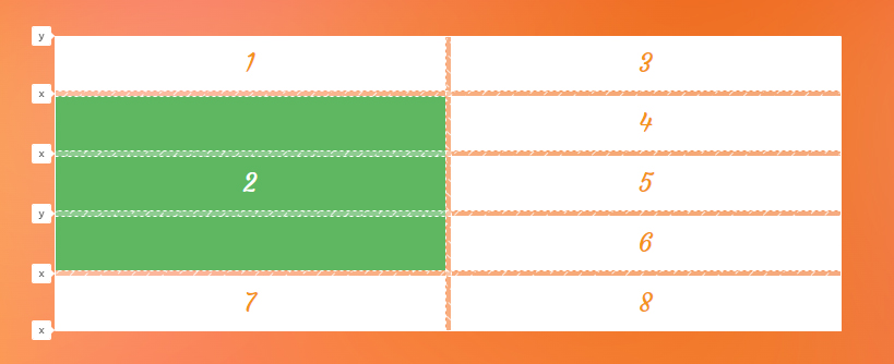 A two by five grid. The middle three rows in the first column are selected.