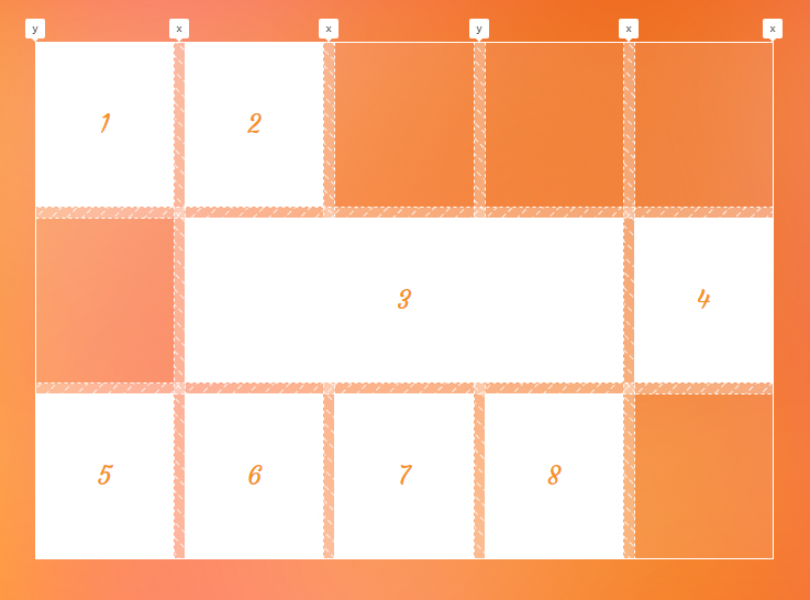 Setting the position of a grid item from the second line to the second x named line using grid-column-end property.