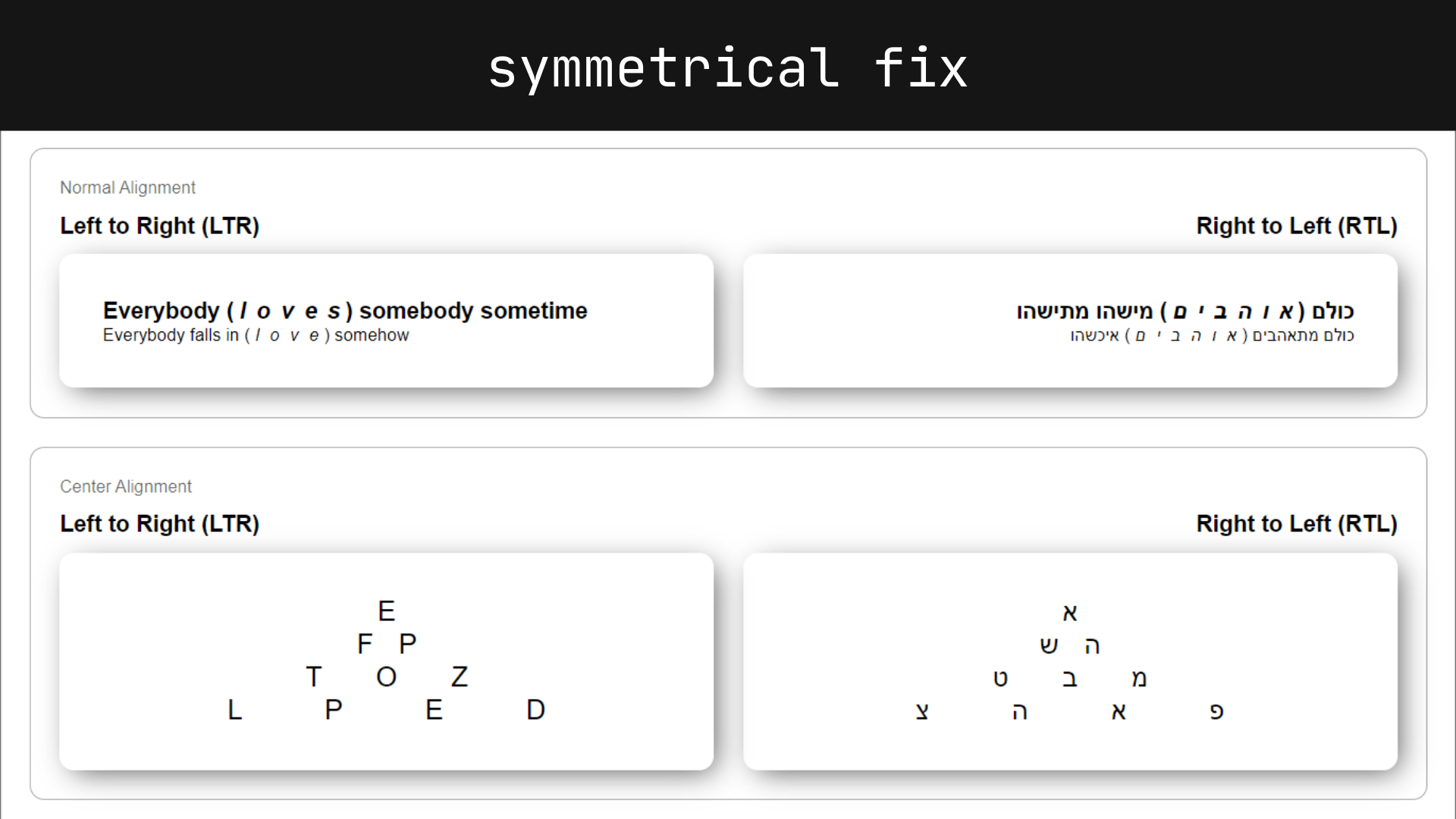 Different examples of letter spacing being distributed between letters and achieving a symmetrical look