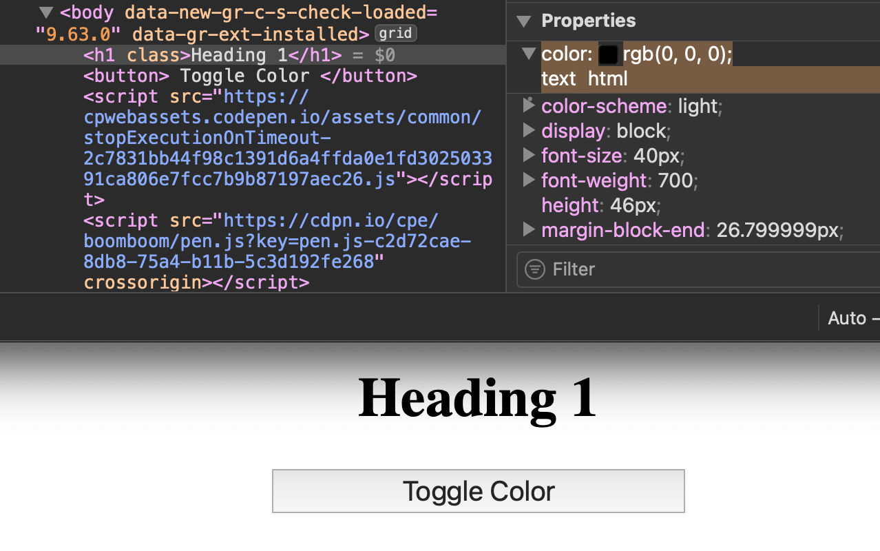 DevTools open showing the computed Heading 1 styles.