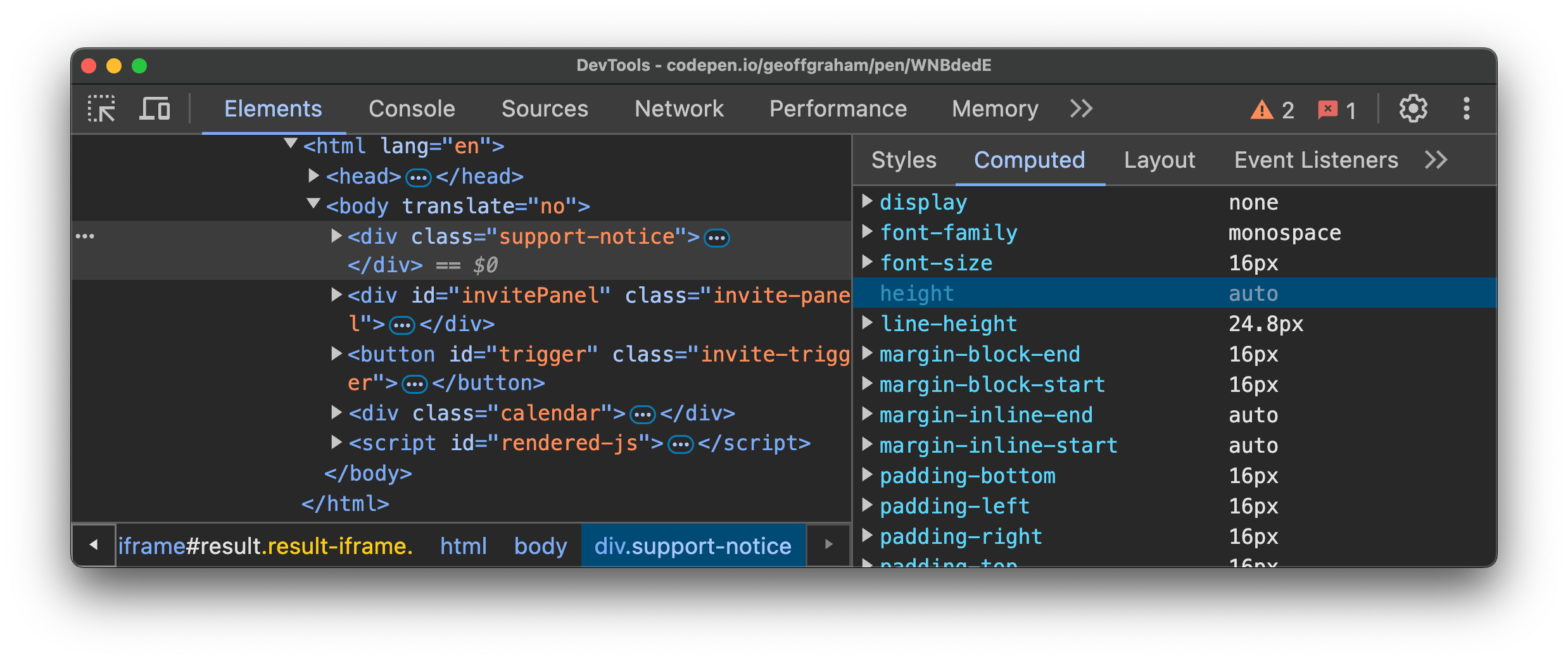 DevTools showing computed values for an element with display none. The height value shows as auto.